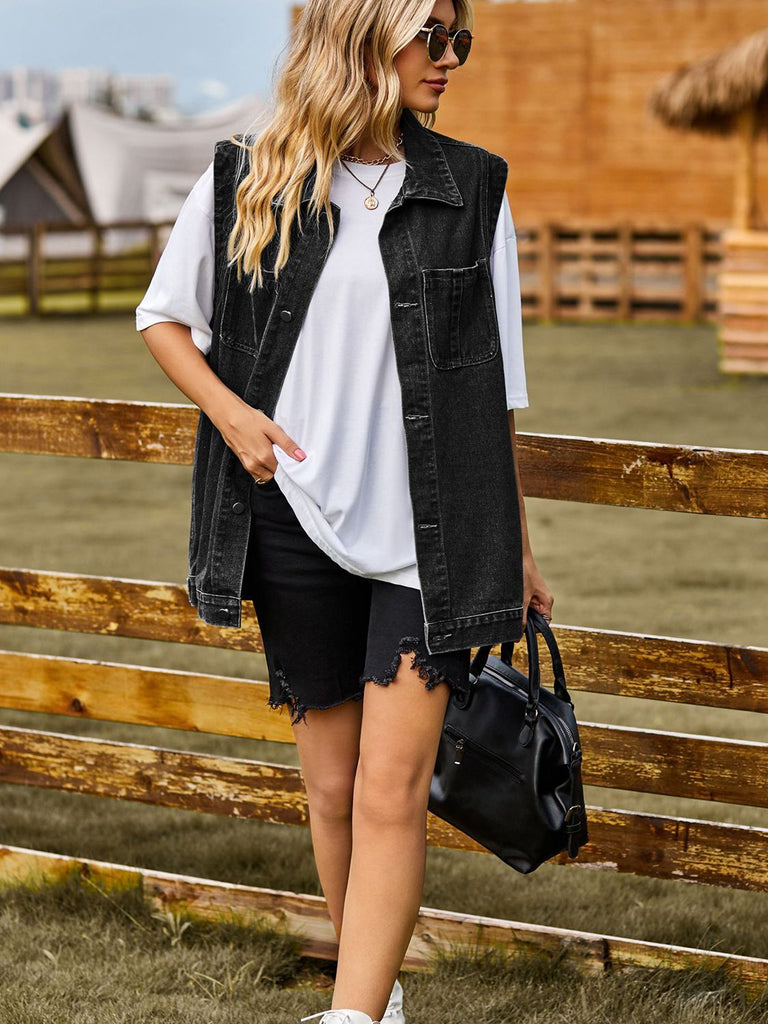 Button Down Vest and Shorts Denim Set