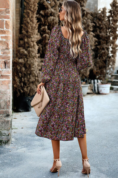 Printed Balloon Sleeve Midi Dress