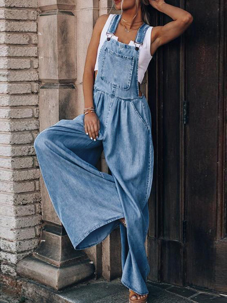 Zenana Denim Medium Washed Wide Leg Overalls